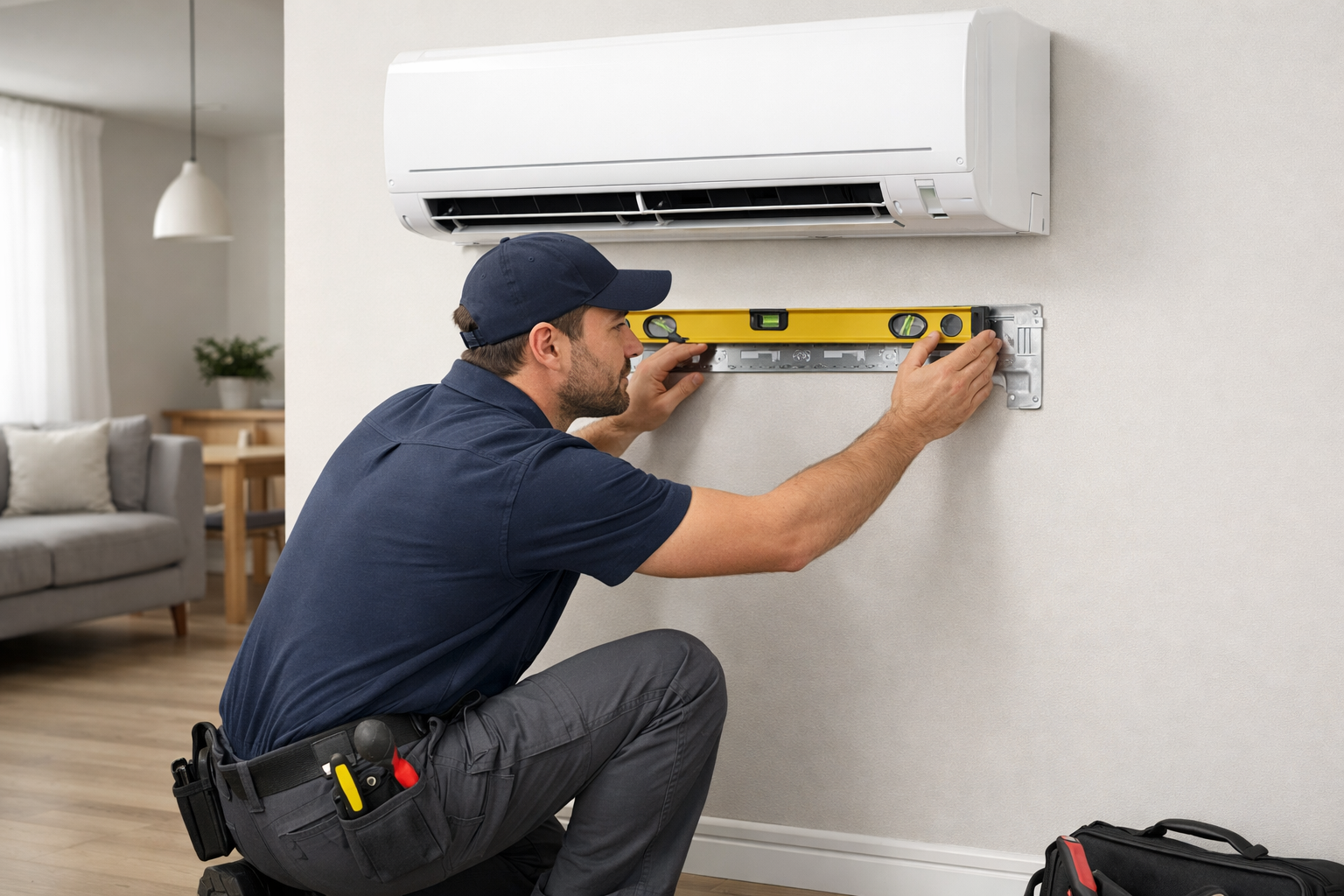 Technician checking alignment of a wall-mounted indoor split air conditioner unit.