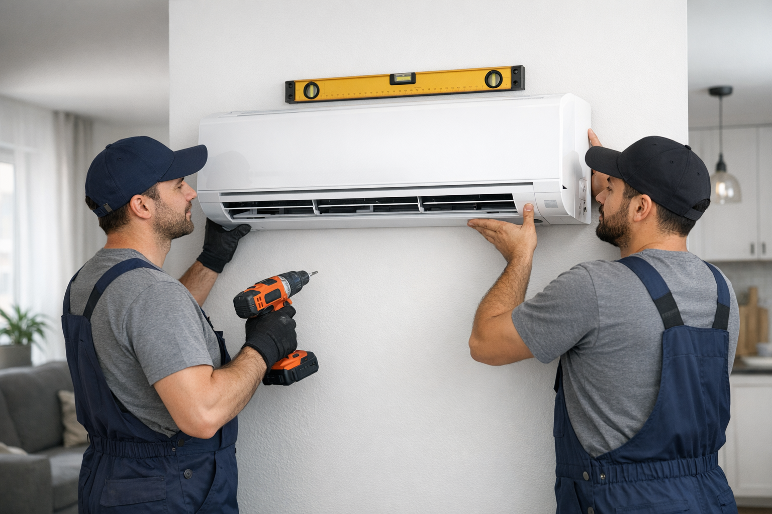 Two technicians mounting an indoor split air conditioner unit on a white wall using a level tool