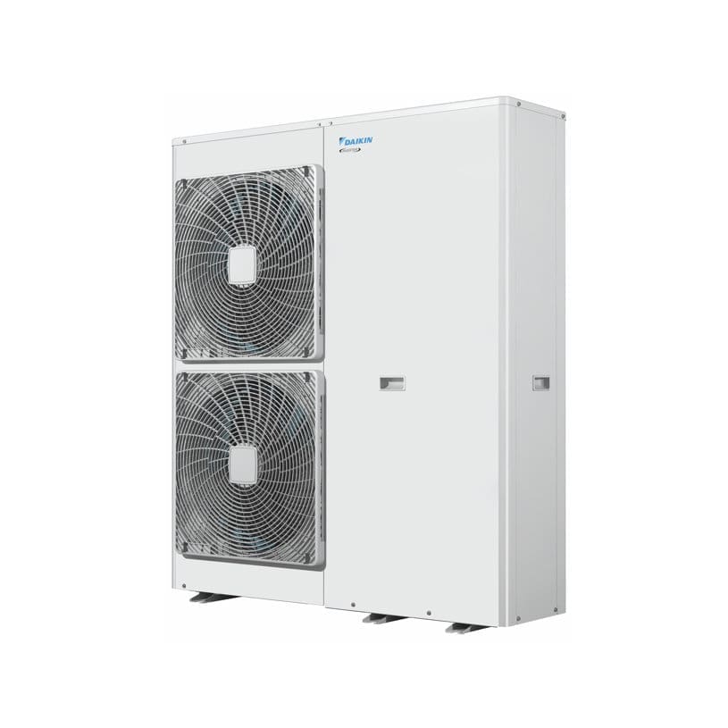 Daikin Altherma EBLQ011C3V3 heat pump for heating, cooling, and hot water, with 11 kW capacity, installed outdoors.